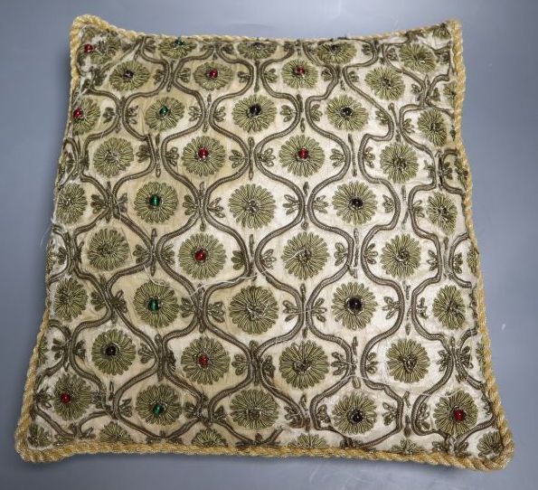 A 19th century silk and metal brocade cushion, 34cm